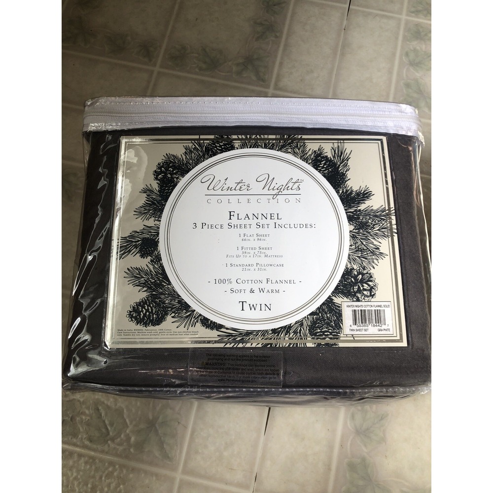 Winter Nights Collection Cotton Flannel 3-Piece Flannel Twin Sheet Set Gray New!